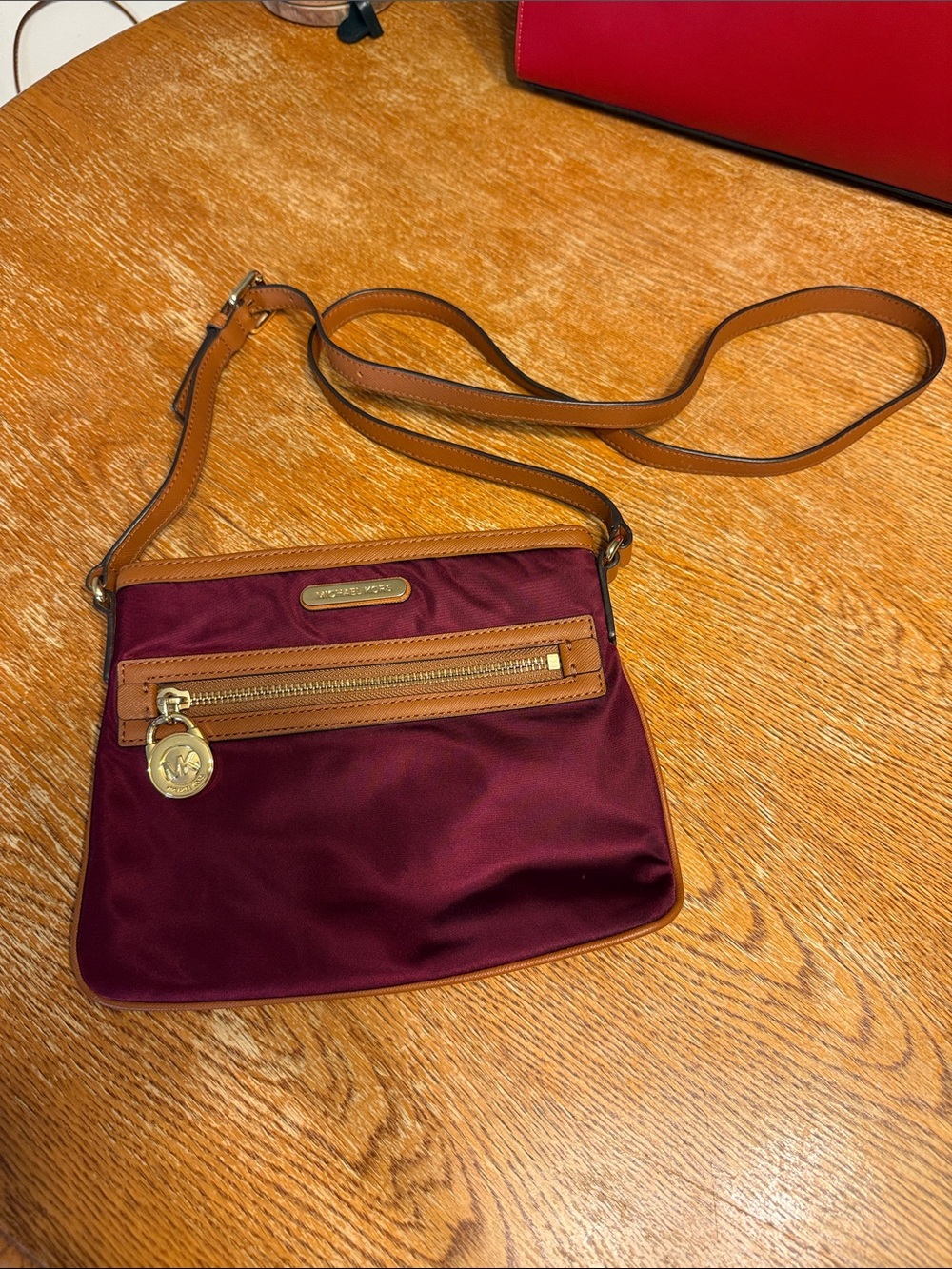 Michael Kors Burgundy Crossbody with Tan Trim